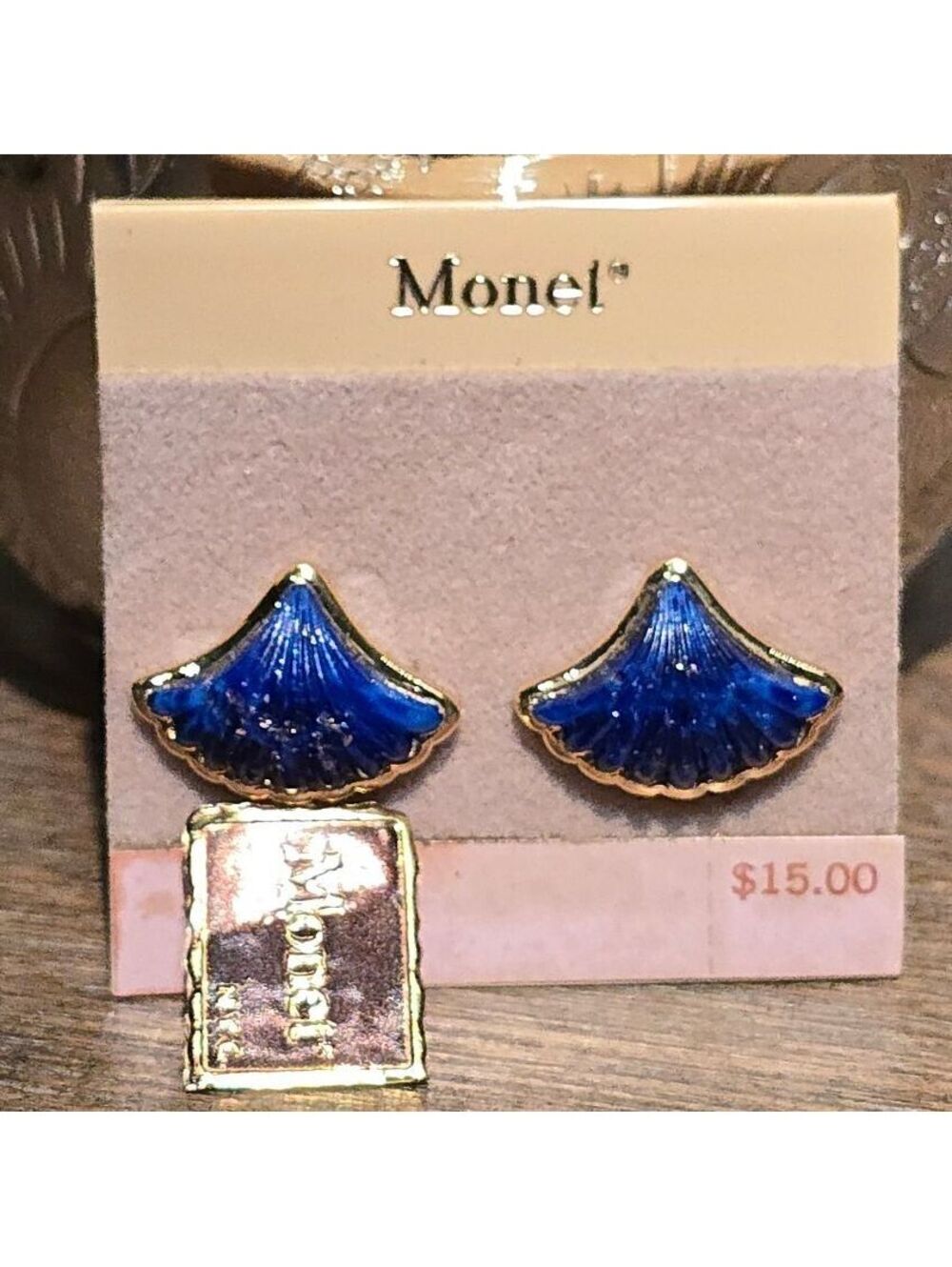 Monet Lapis Glass Clip Earrings Unworn w Tags